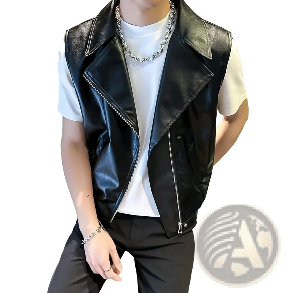 Men faux leather biker vest in black with silver zippers and collar for streetwear style