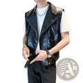 Black faux leather moto vest for men with silver zipper and collar details streetwear style