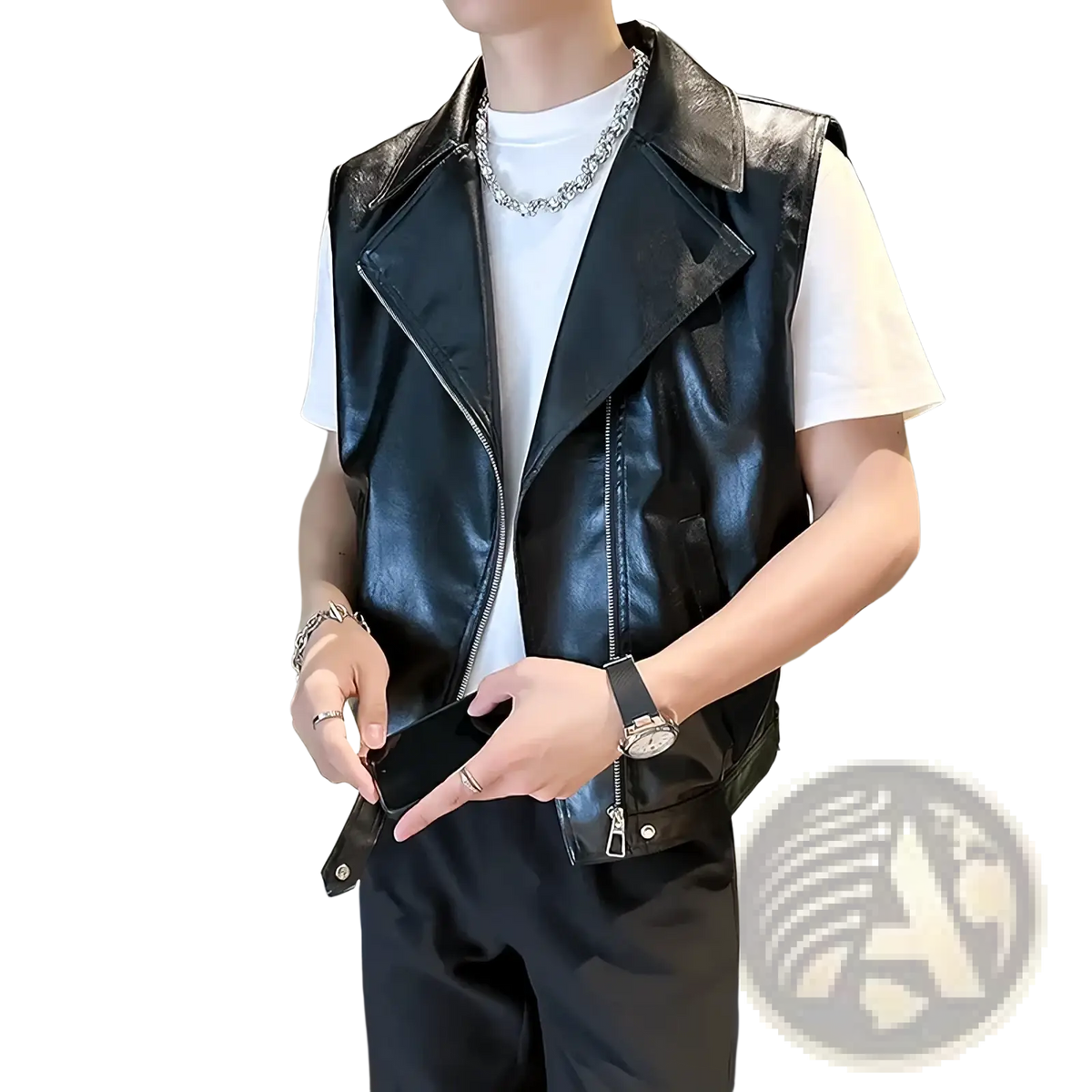 Black faux leather moto vest for men with silver zipper and collar details streetwear style