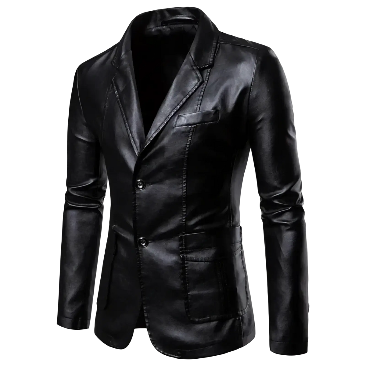 Men faux leather blazer in black with sleek modern design and two front buttons for business casual wear