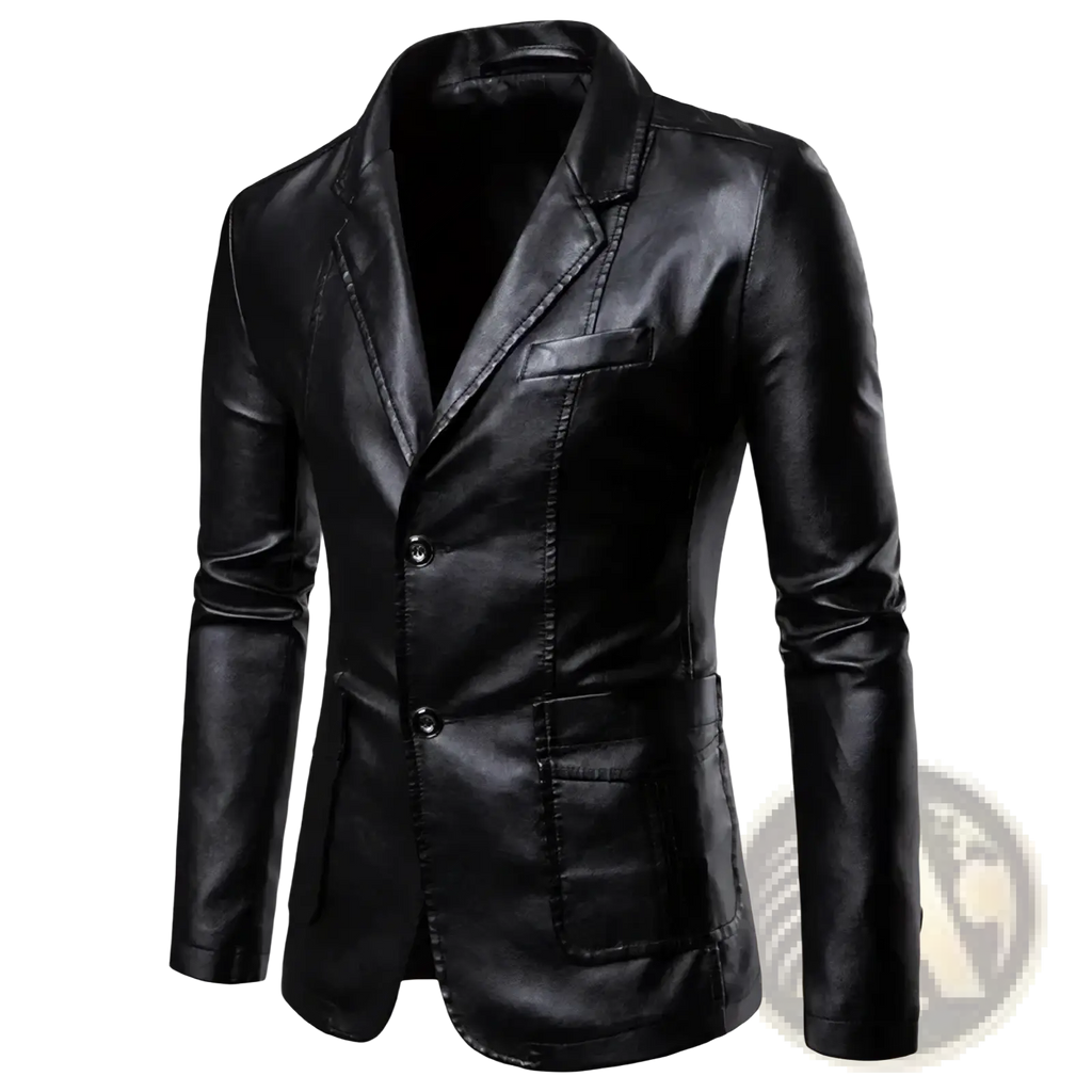 Men faux leather blazer in black with sleek modern design and two front buttons for business casual wear