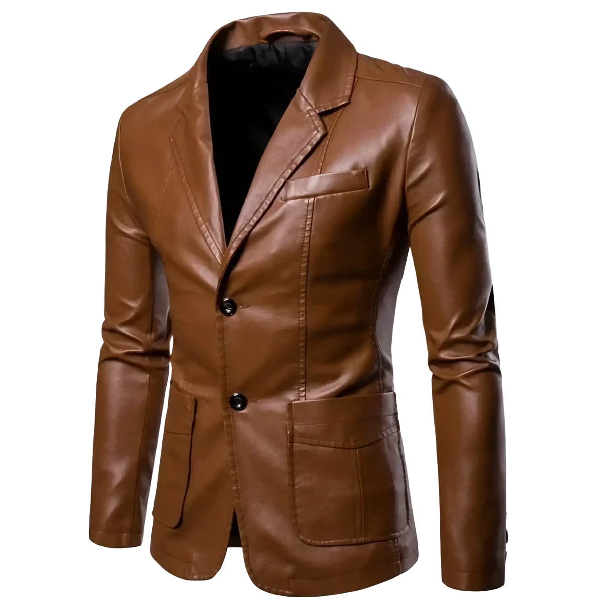 Men faux leather blazer brown with black buttons and sleek tailored design for business casual wear