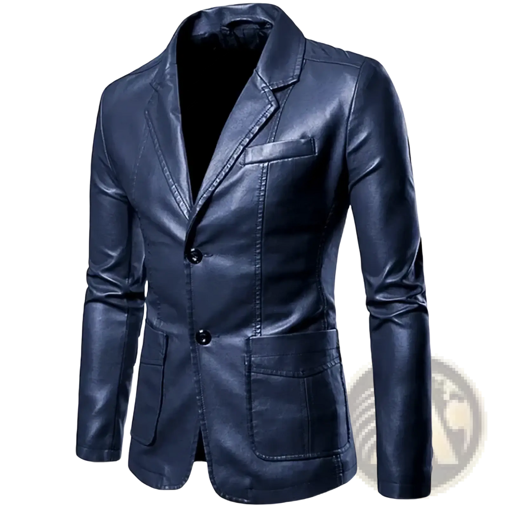 Men faux leather blazer in dark blue with classic double-breasted design and two front pockets for business casual wear