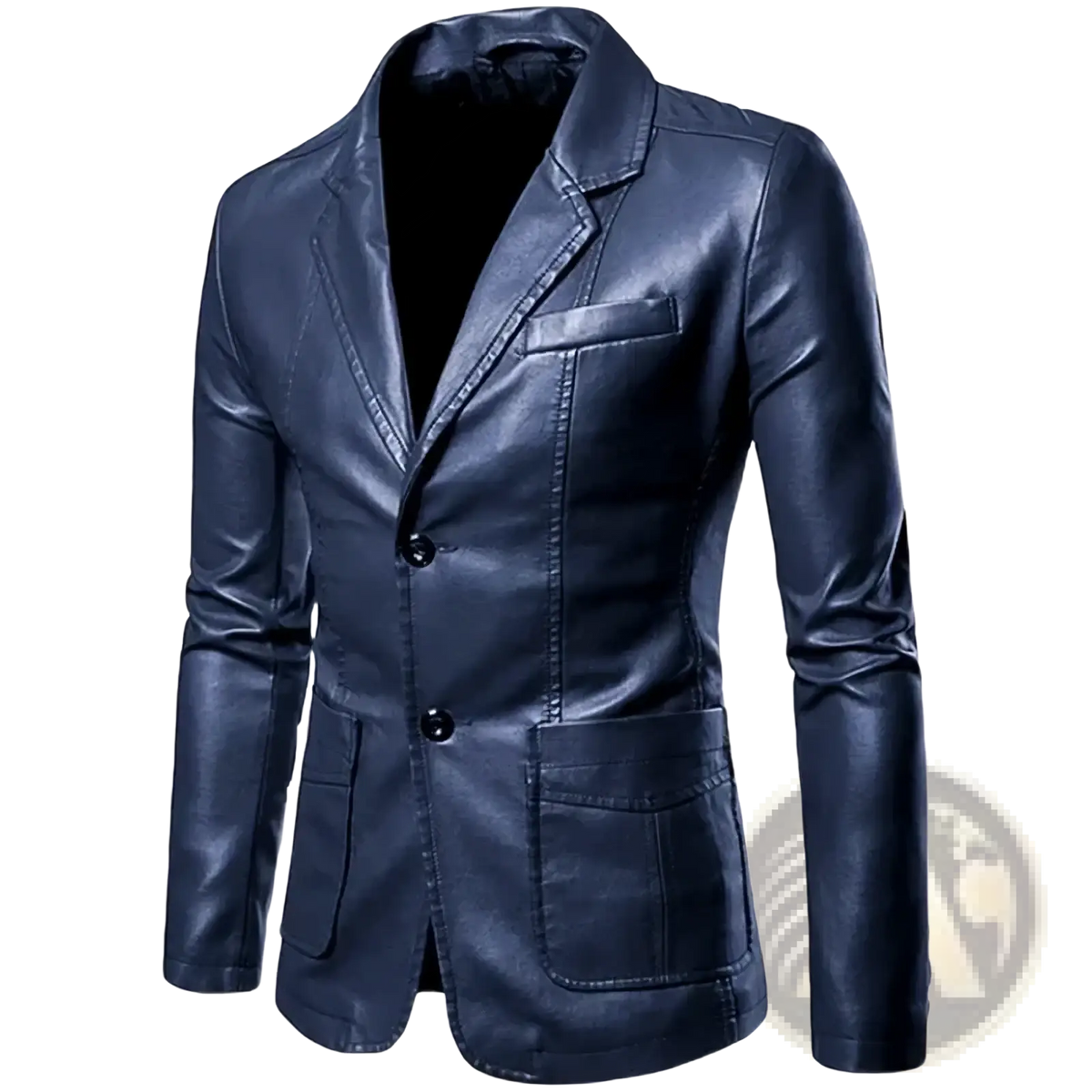 Men faux leather blazer in dark blue with classic double-breasted design and two front pockets for business casual wear