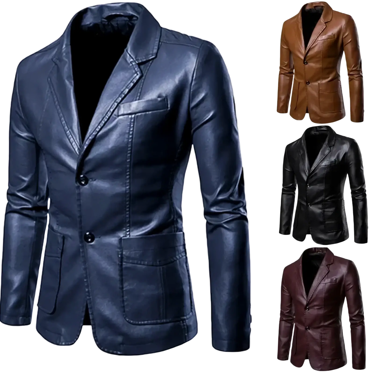 Navy blue faux leather men’s blazer with two front buttons and flap pockets for business casual wear