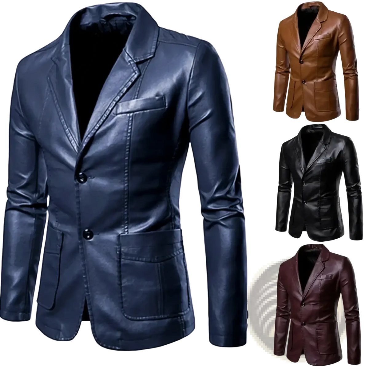 Navy blue faux leather men’s blazer with two front buttons and flap pockets for business casual wear