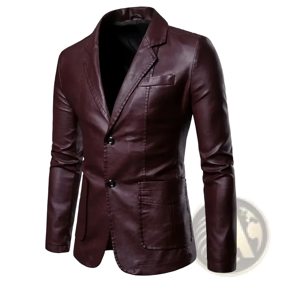 A sleek dark burgundy men faux leather blazer with classic double-breasted design and black buttons for business casual wear