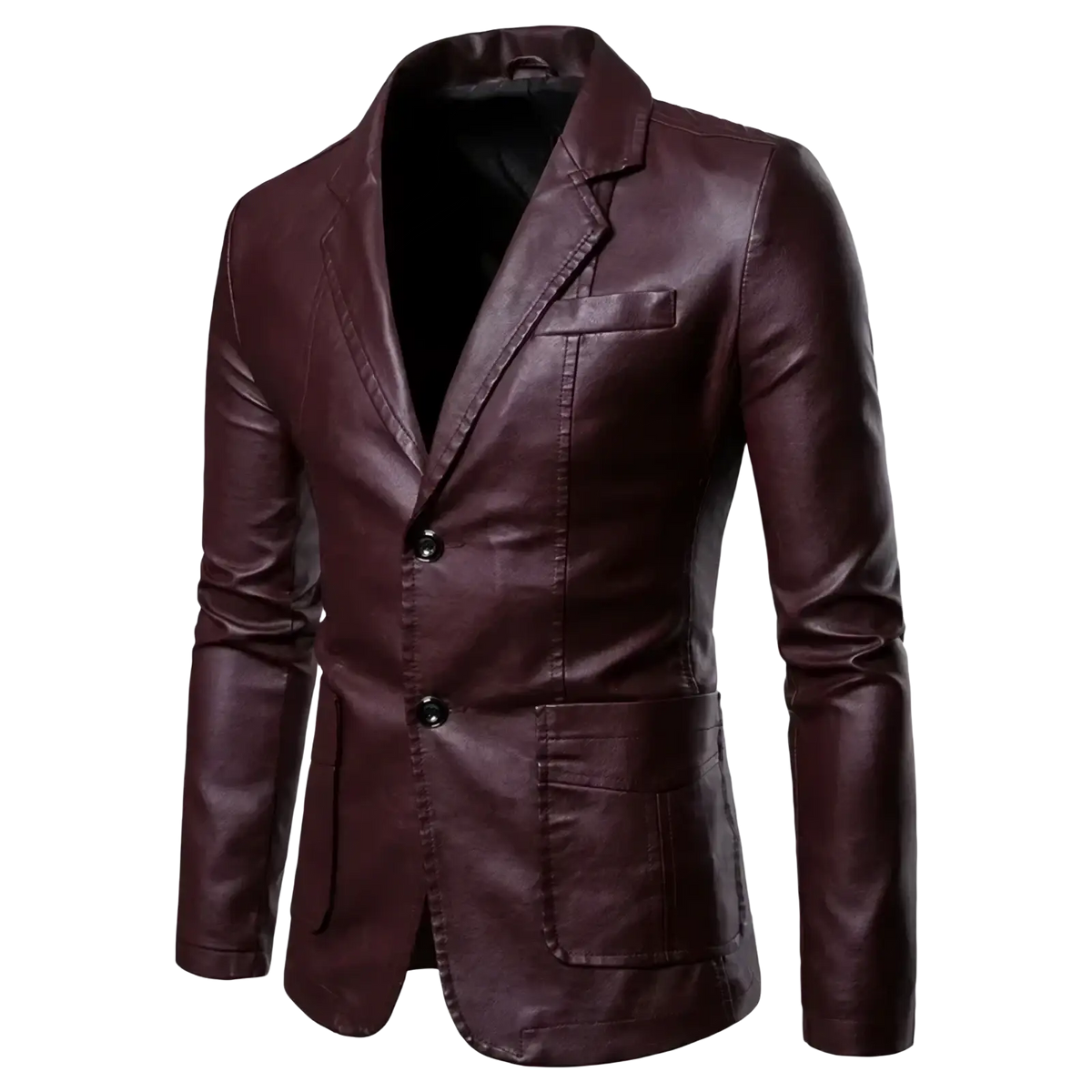 Men faux leather blazer business casual jacket in sleek dark burgundy with classic double-breasted black buttons