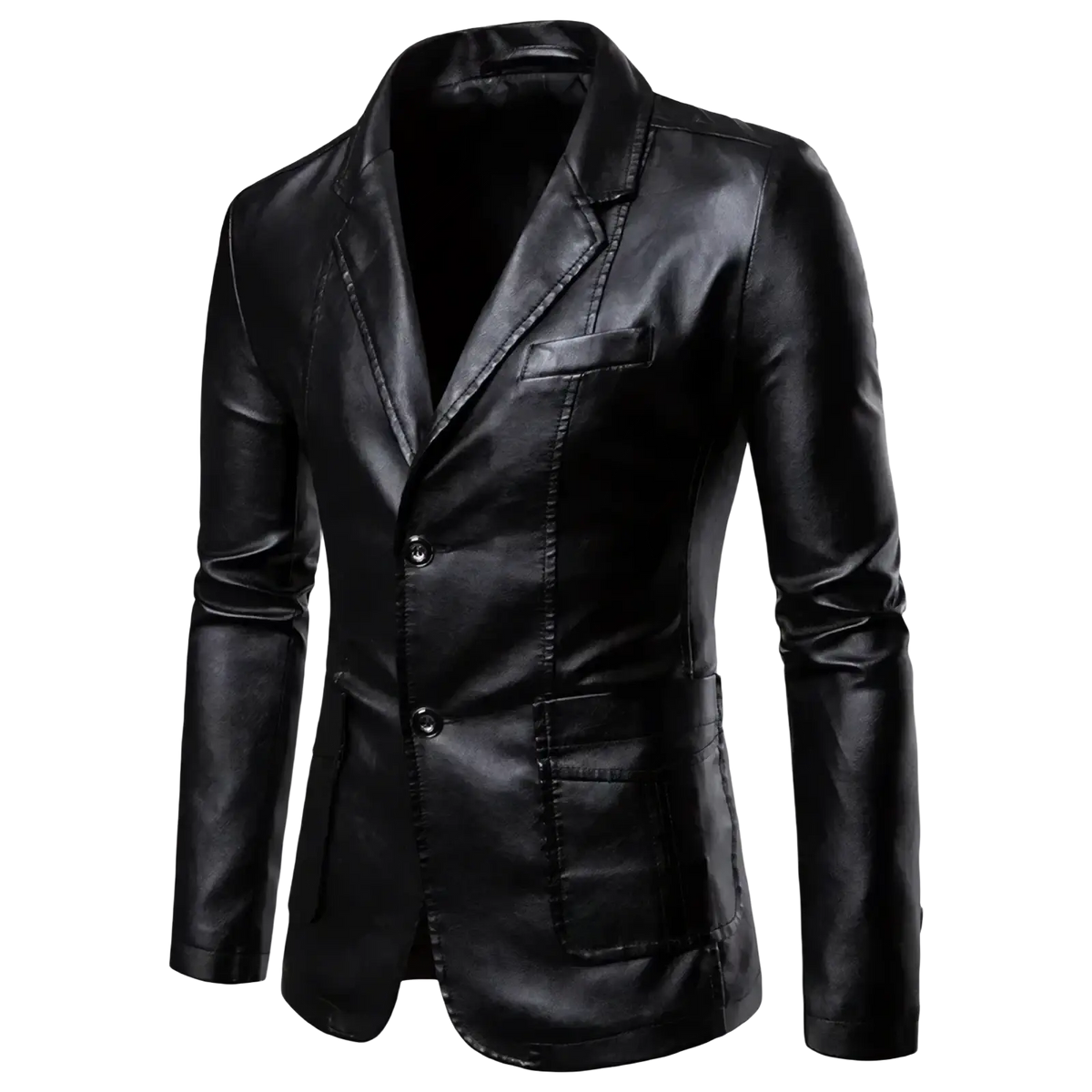 Men faux leather blazer slim fit jacket in black with sleek modern design and two front buttons
