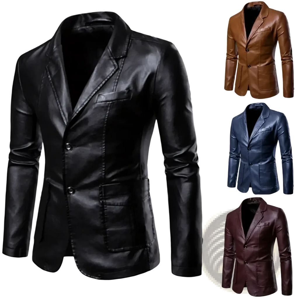 Men faux leather blazer slim fit jacket in black with a sleek modern design and classic double-breasted closure