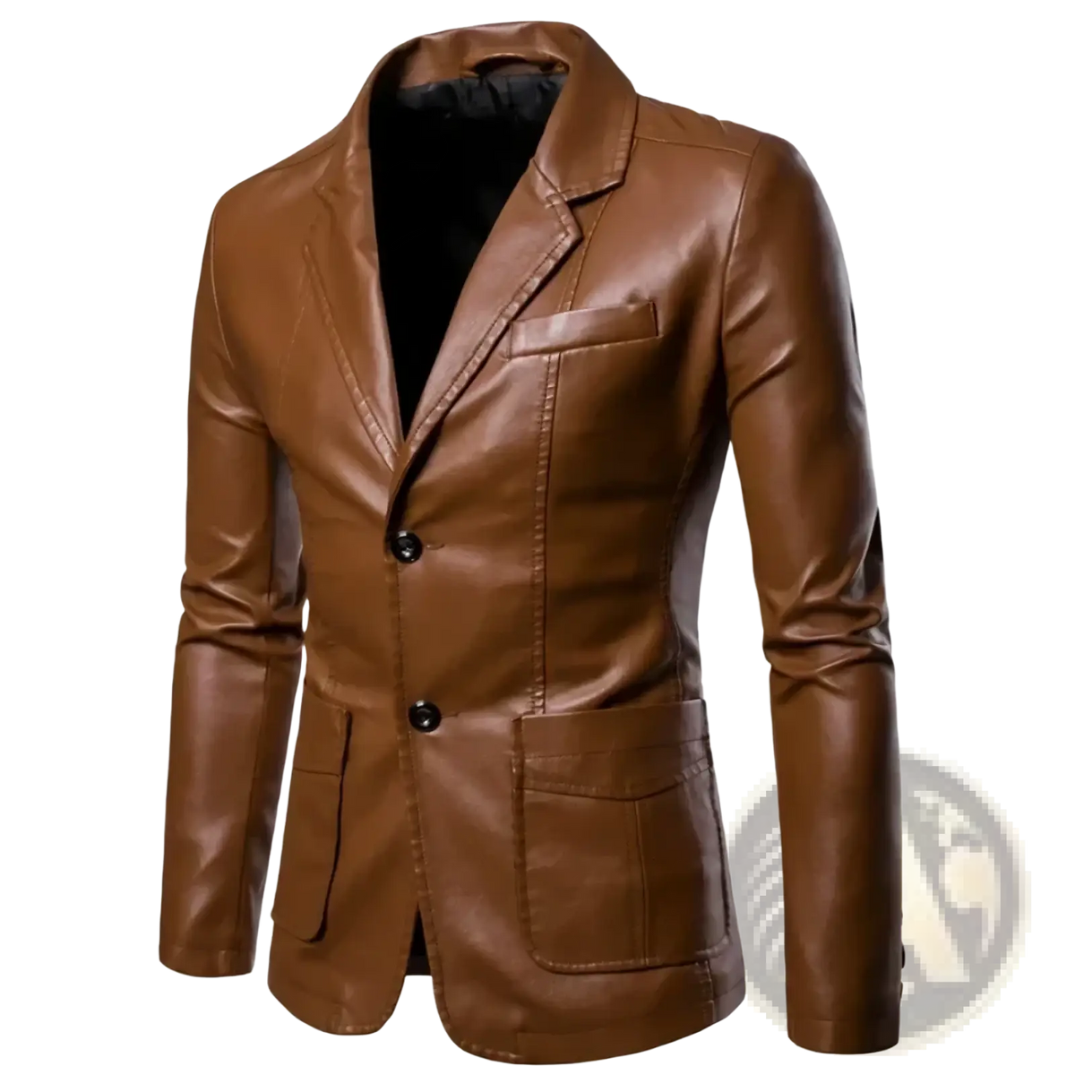 Men faux leather blazer slim fit jacket in brown with black buttons and a sleek tailored design