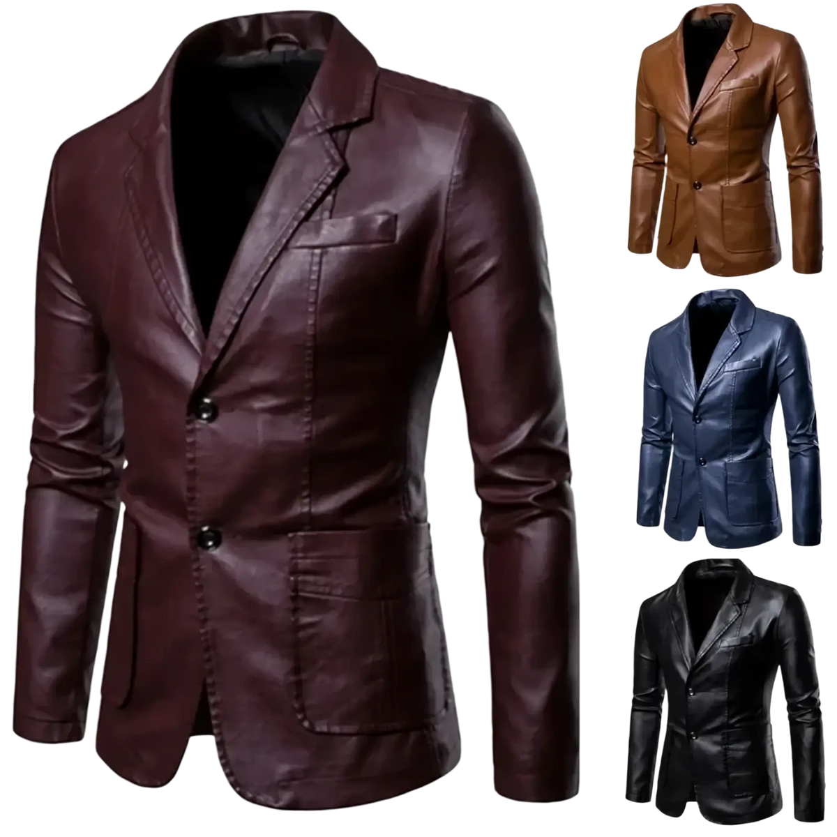 Men faux leather blazer slim fit jacket in rich burgundy with double breasted styling and black buttons