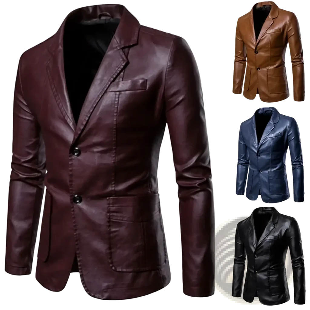Men faux leather blazer slim fit jacket in rich burgundy with double breasted styling and black buttons