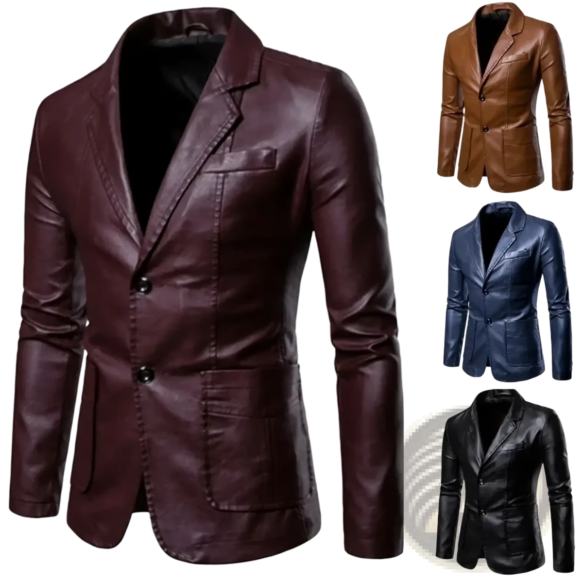 Men faux leather blazer slim fit jacket in rich burgundy with double breasted styling and black buttons