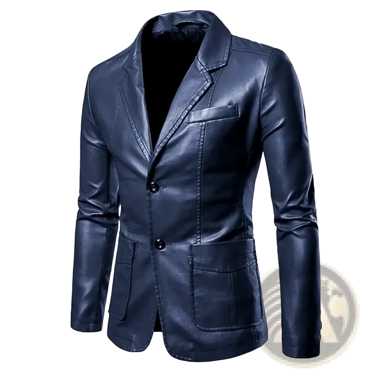 Dark blue men faux leather blazer slim fit jacket with classic double breasted design and two front pockets