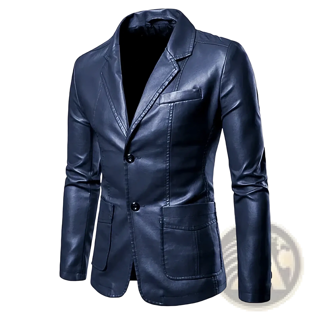 Dark blue men faux leather blazer with slim fit tailored design and two front flap pockets