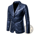 Dark blue men faux leather blazer with slim fit tailored design and two front flap pockets