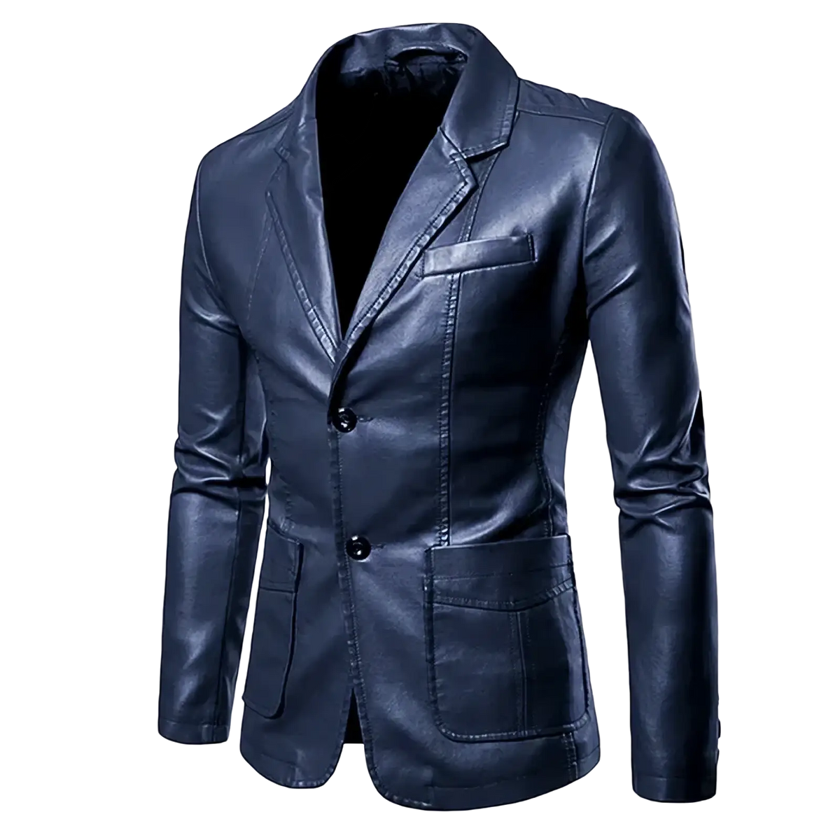 Dark blue men faux leather blazer with slim fit tailored design and two front flap pockets