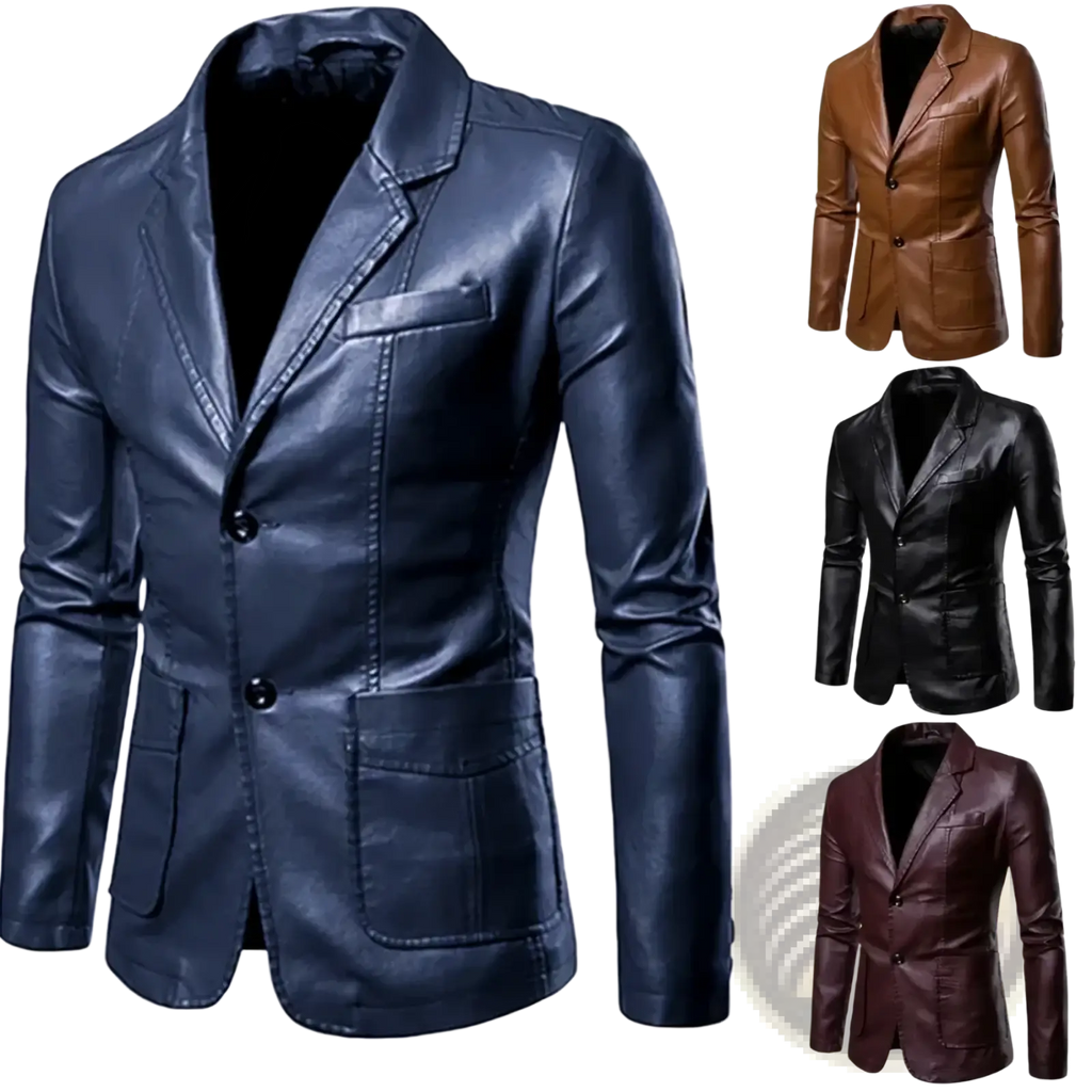 Navy blue men faux leather slim fit blazer with black buttons and flap pockets for a stylish formal look
