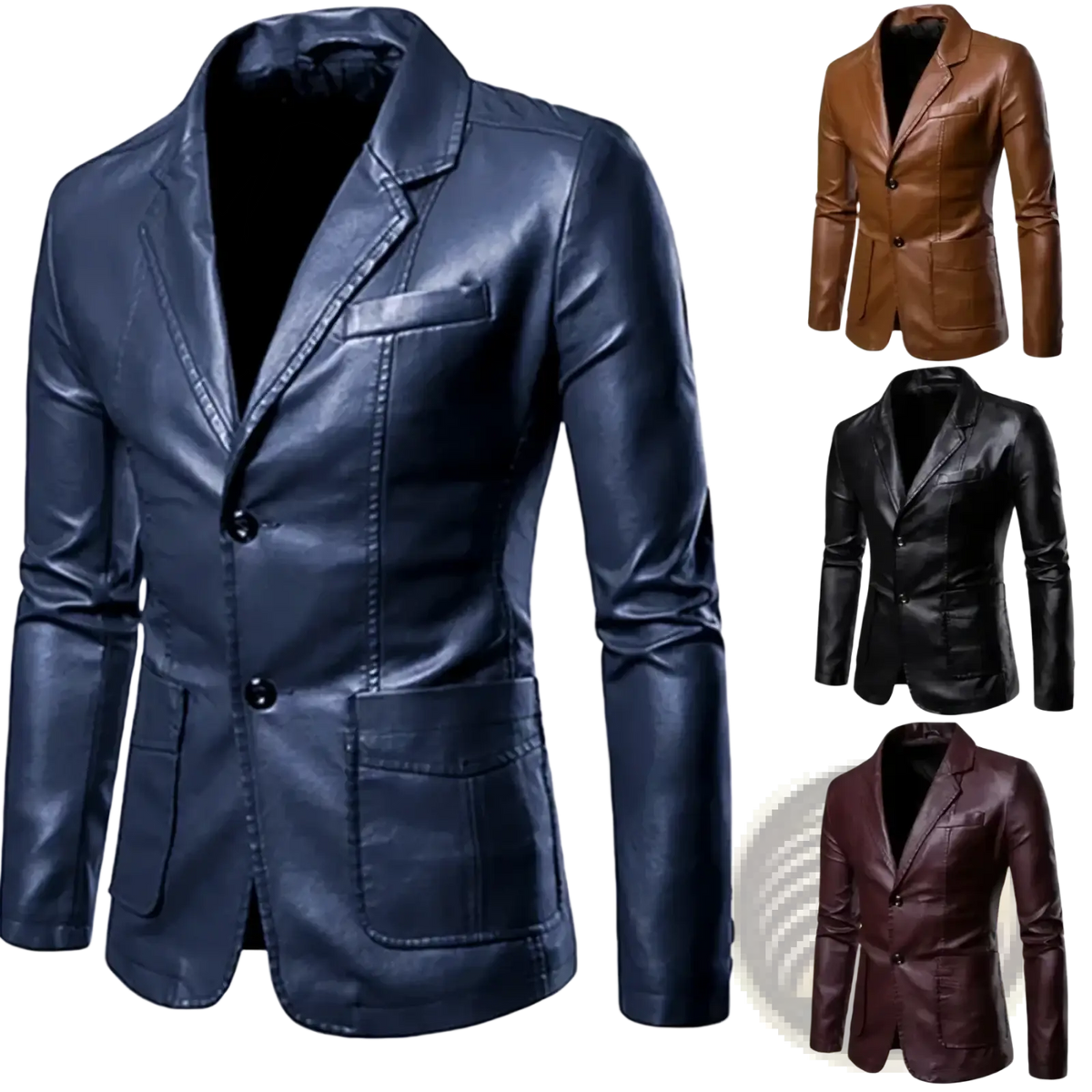 Navy blue men faux leather slim fit blazer with black buttons and flap pockets for a stylish formal look