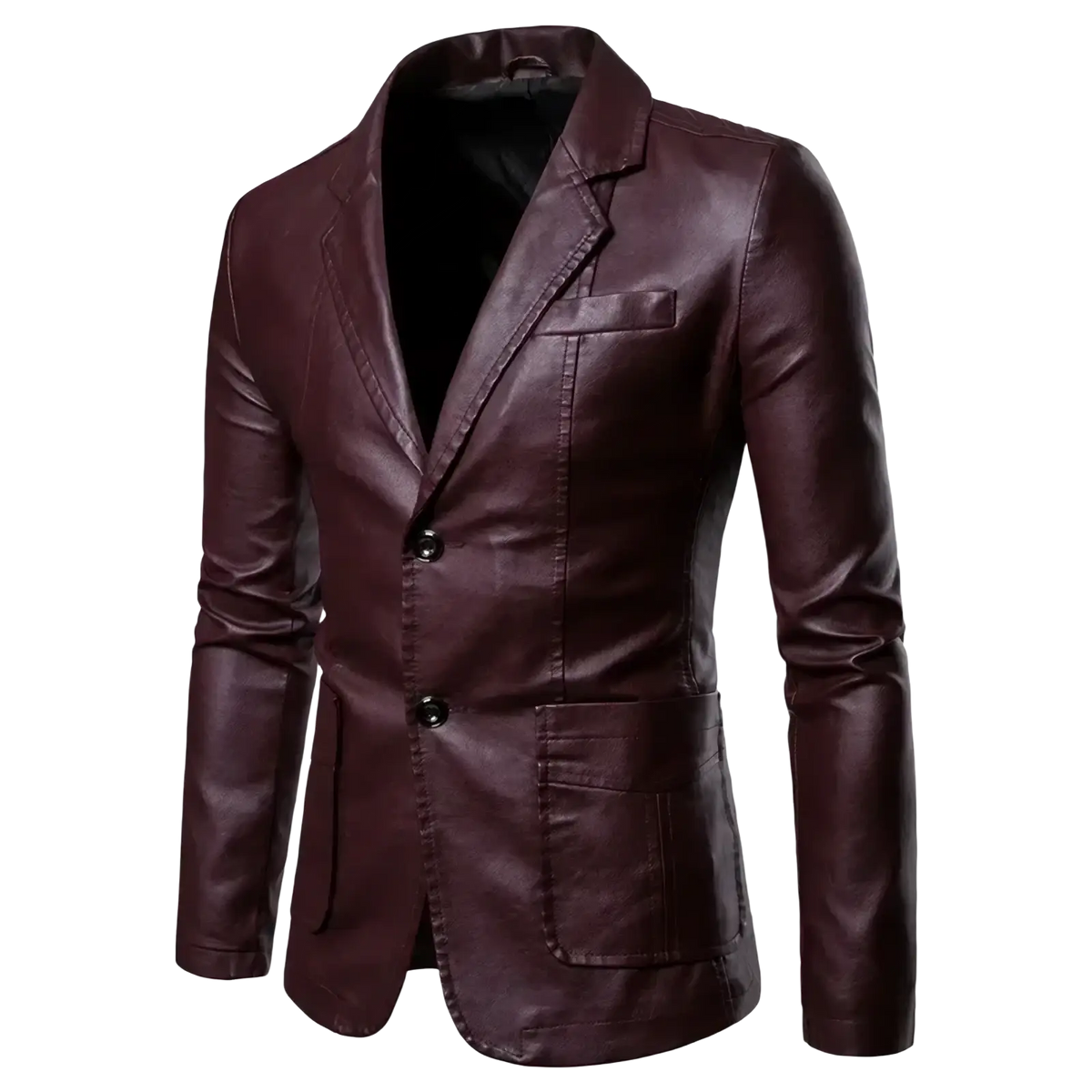 Men faux leather blazer slim fit jacket in sleek dark burgundy with classic double-breasted design and black buttons