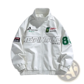 Men faux leather bomber jacket in white with green and black racing-themed graphics elastic cuffs and hem for winter wear