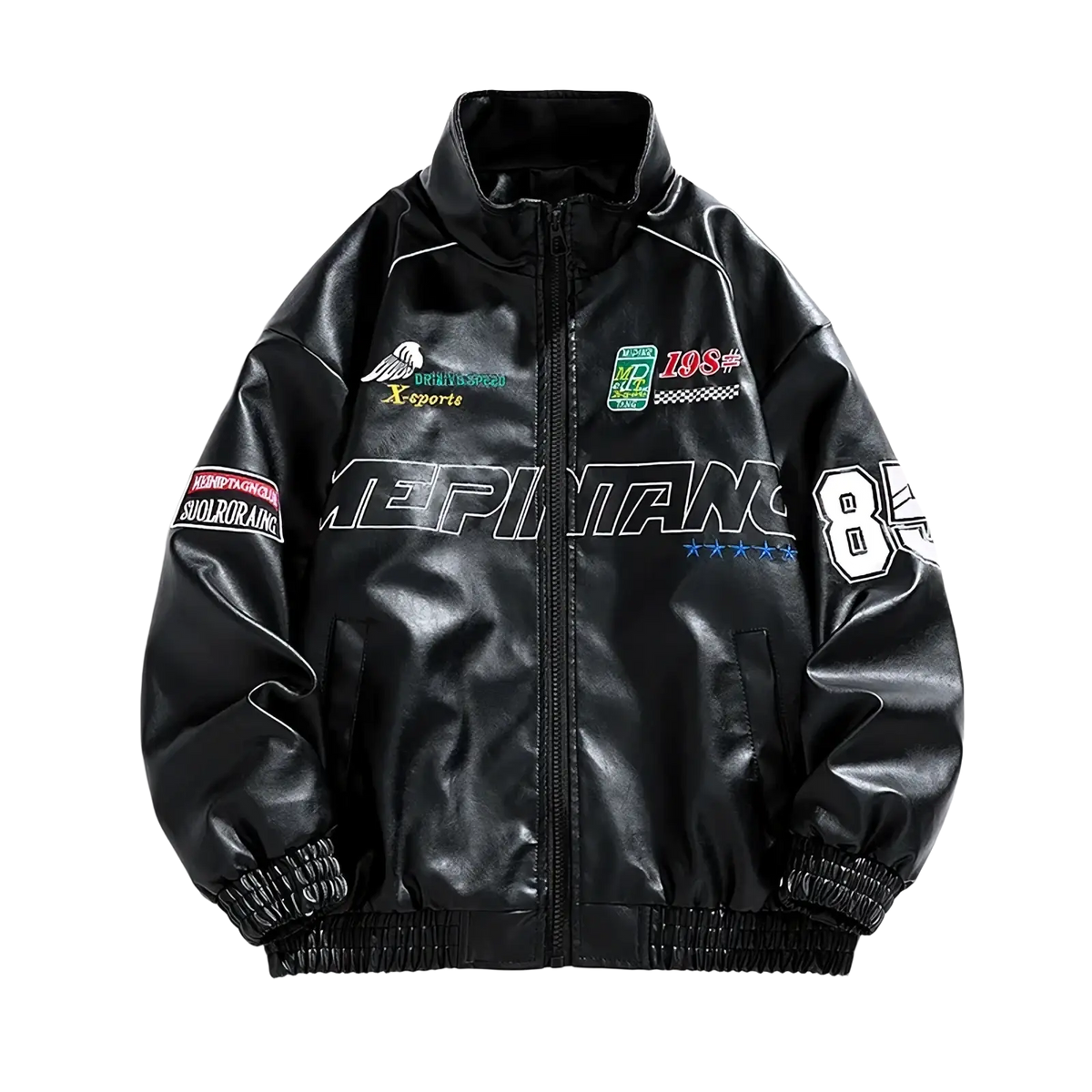 Men faux leather bomber jacket in black with bold white and green racing graphics and xsports patches for casual winter wear