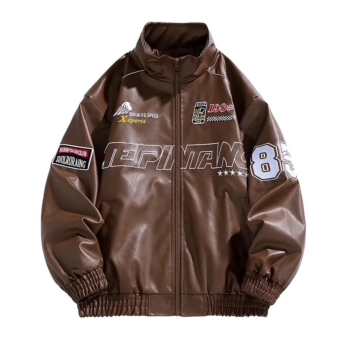 Men faux leather bomber jacket in brown with embroidered racing-themed graphics and patches for casual winter wear