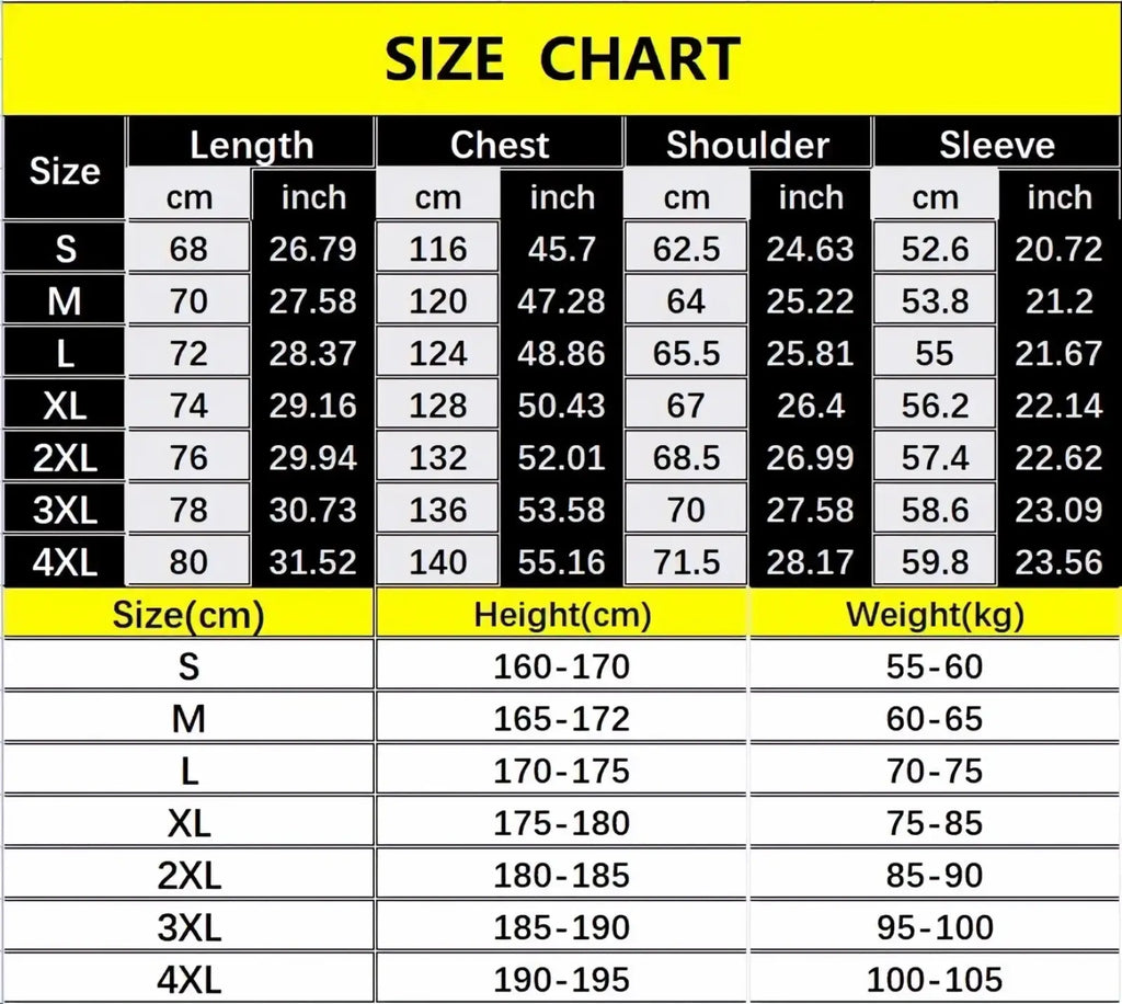 Size chart table showing measurements in centimeters and inches for men faux leather bomber jacket casual winter coat sizes s to 4xl