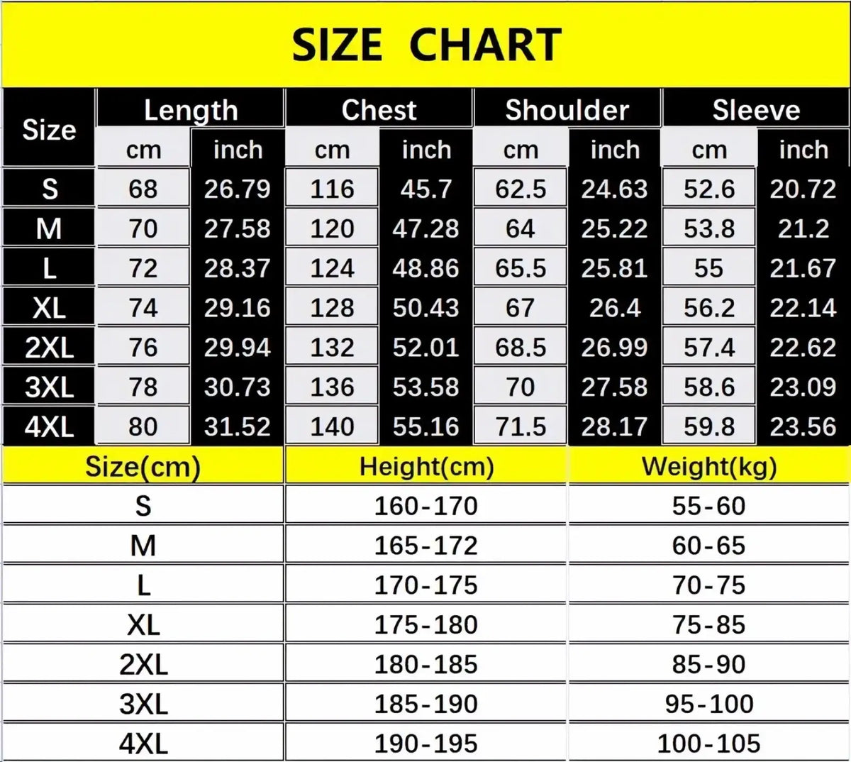 Size chart table showing measurements in centimeters and inches for men faux leather bomber jacket casual winter coat sizes s to 4xl
