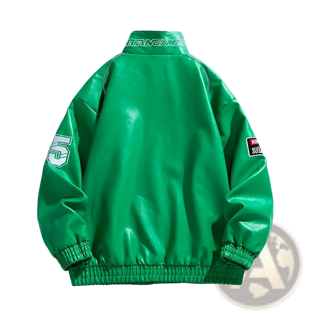 Men faux leather bomber jacket in vibrant green with white embroidered number 5 and black and white sleeve patch