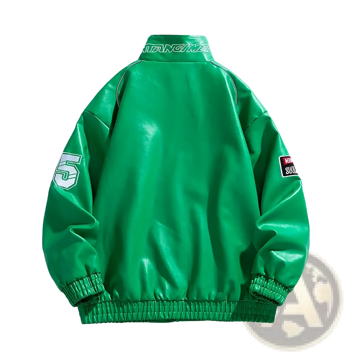 Men faux leather bomber jacket in vibrant green with white embroidered number 5 and black and white sleeve patch