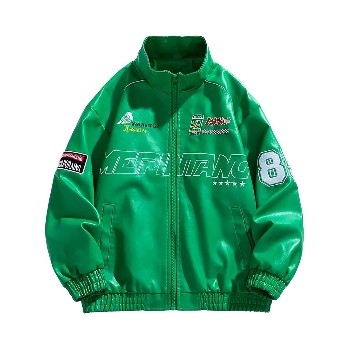 Men faux leather bomber jacket in vibrant green with bold white and red racing graphics and number 8 on the sleeve
