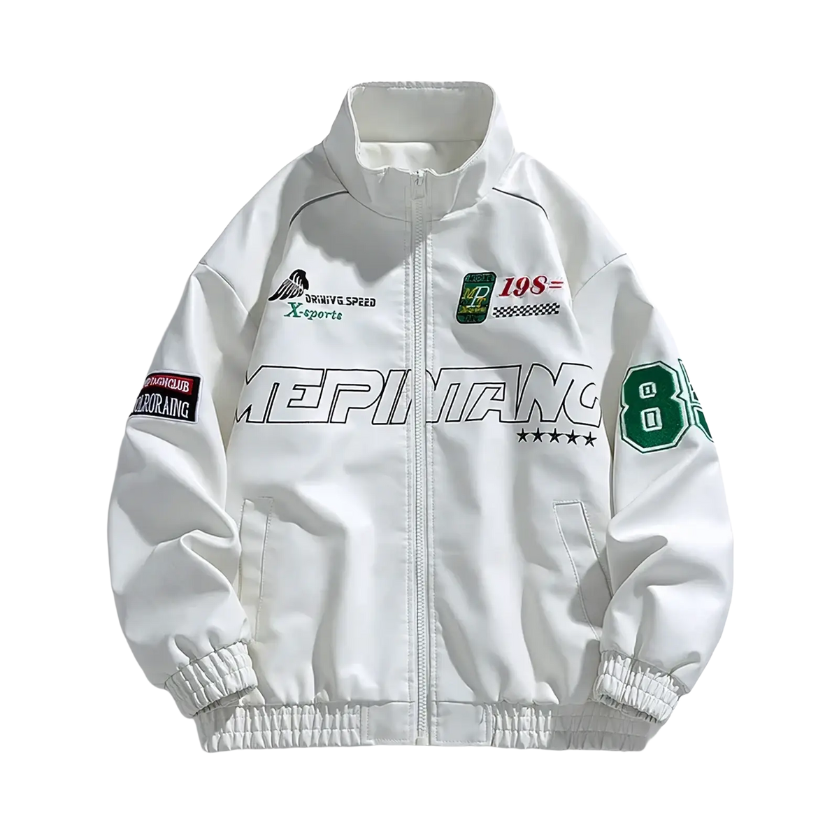 Men faux leather bomber jacket in white with green and black racing-themed graphics elastic cuffs and hem for winter wear