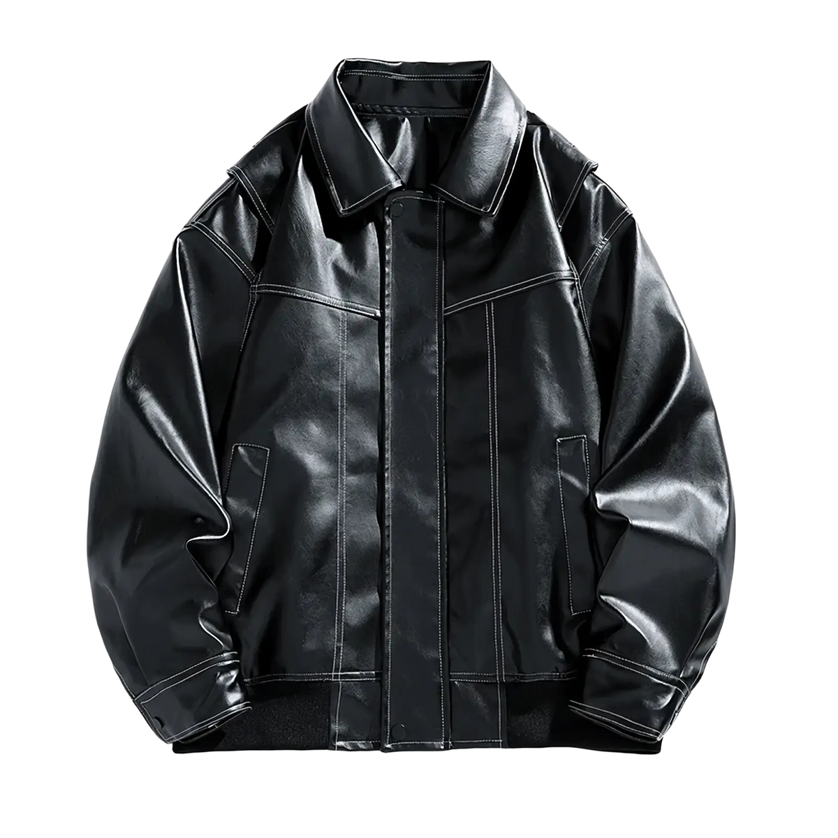 Men faux leather bomber jacket in black with contrasting white stitching and a classic collar for spring autumn wear