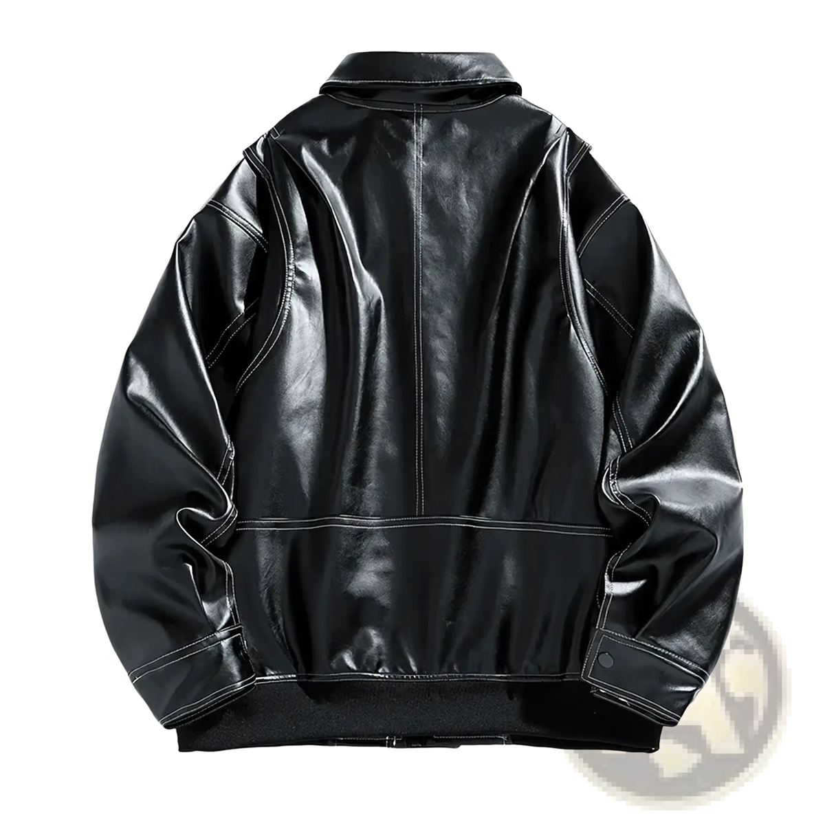 Men faux leather bomber jacket in black with contrasting white stitching and ribbed cuffs for spring and autumn wear