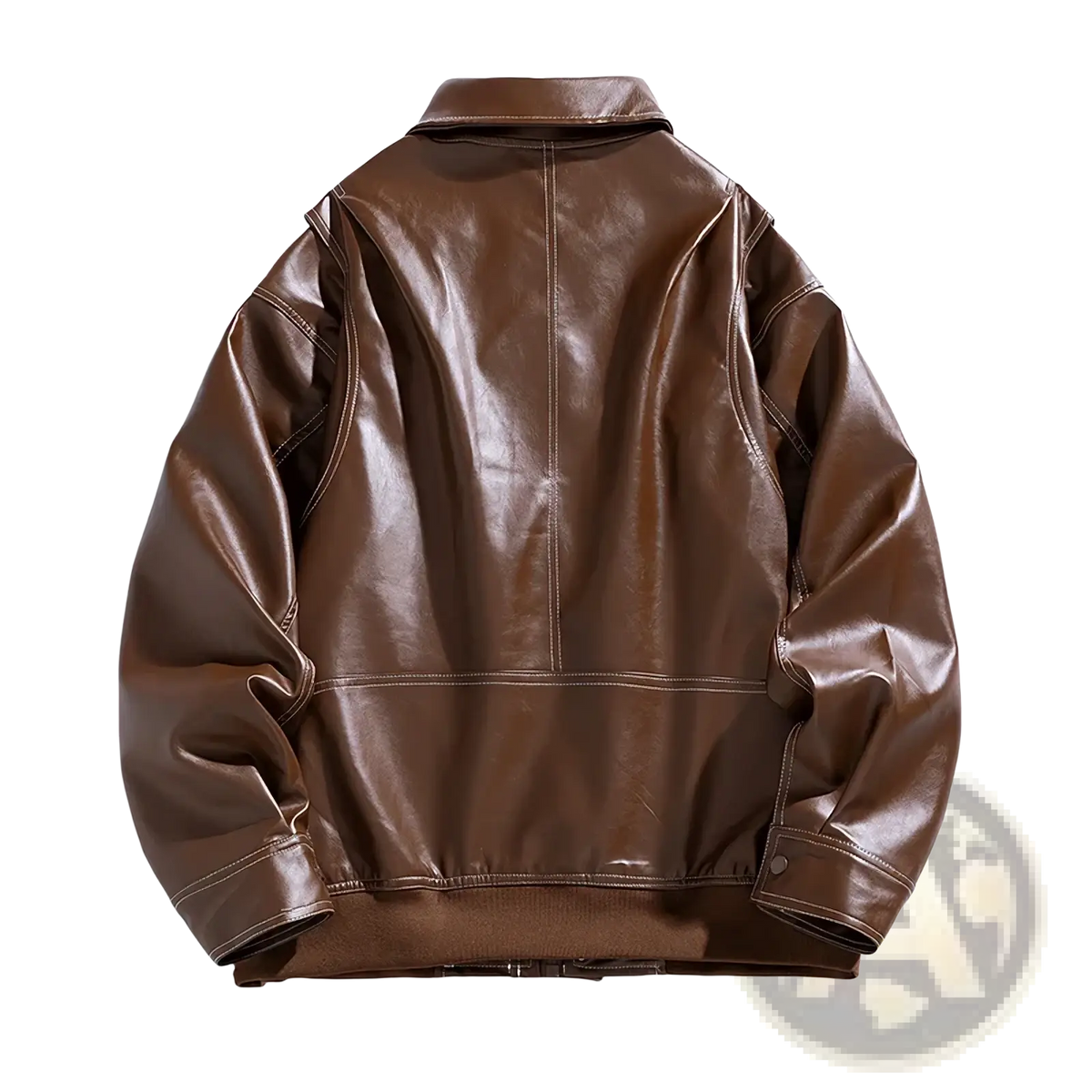 Men faux leather bomber jacket in brown with classic collar and stitched seams for spring and autumn wear