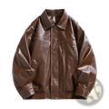 A sleek chestnut-brown men faux leather bomber jacket with classic collar and front button closure for spring autumn