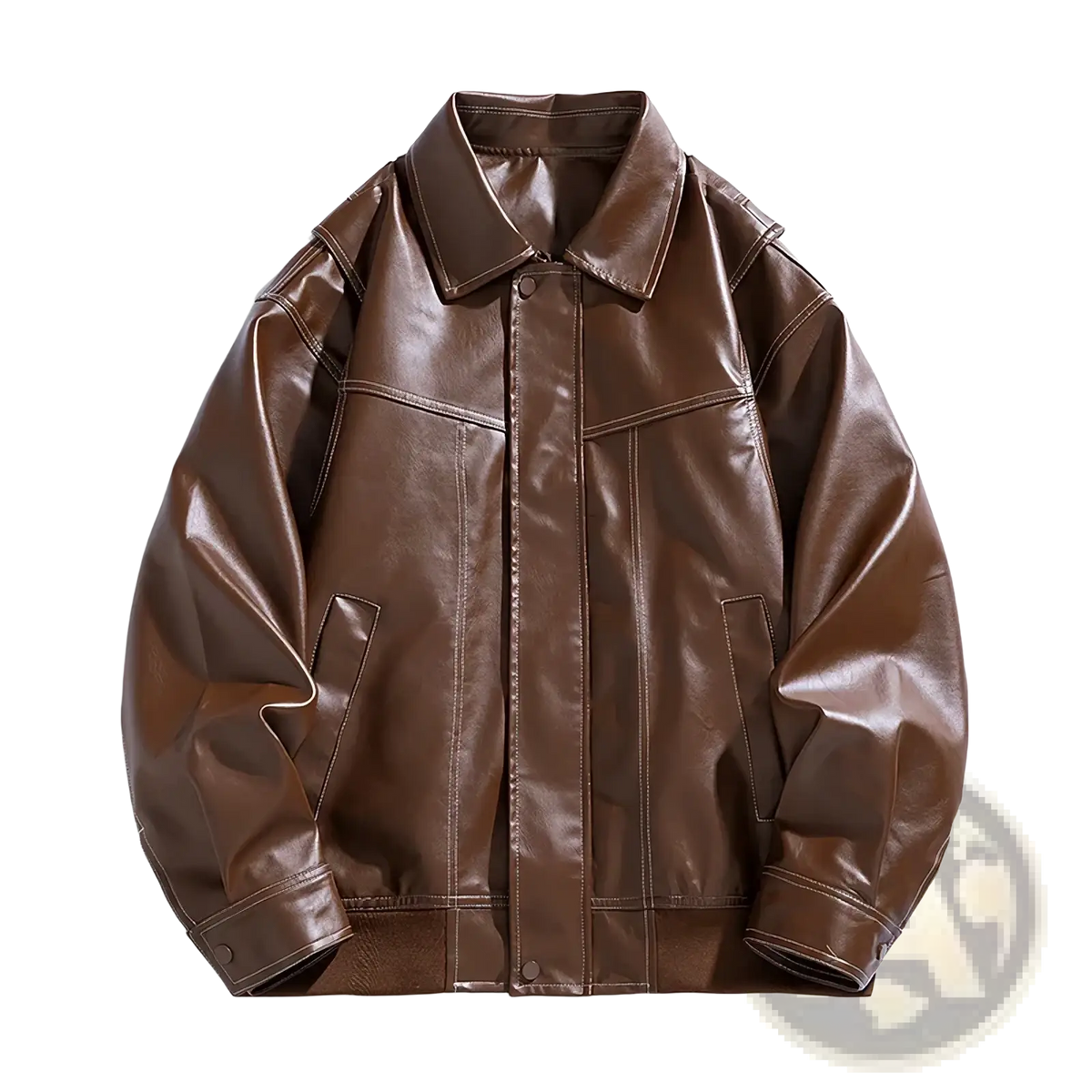 A sleek chestnut-brown men faux leather bomber jacket with classic collar and front button closure for spring autumn