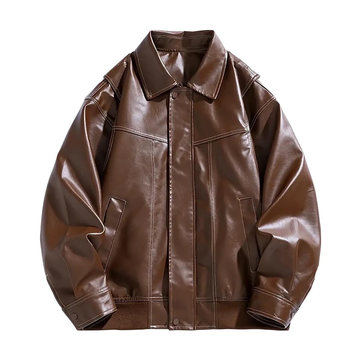 A sleek chestnut-brown men faux leather bomber jacket with classic collar and front button closure for spring autumn