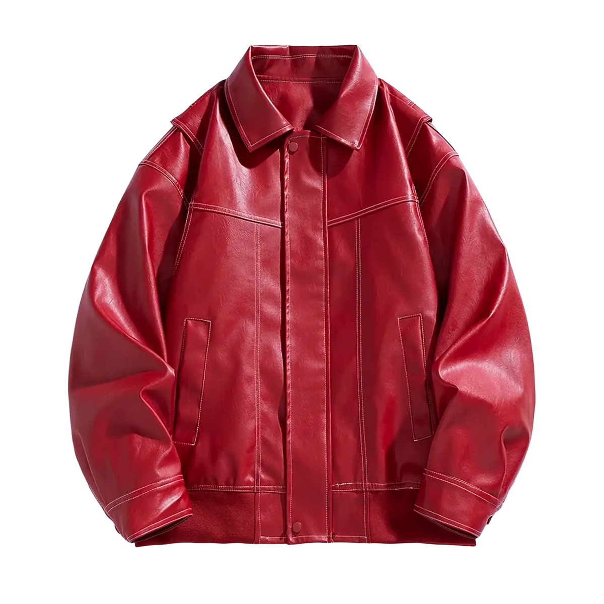 A vibrant red men faux leather bomber jacket with classic collar and front button closure for spring autumn