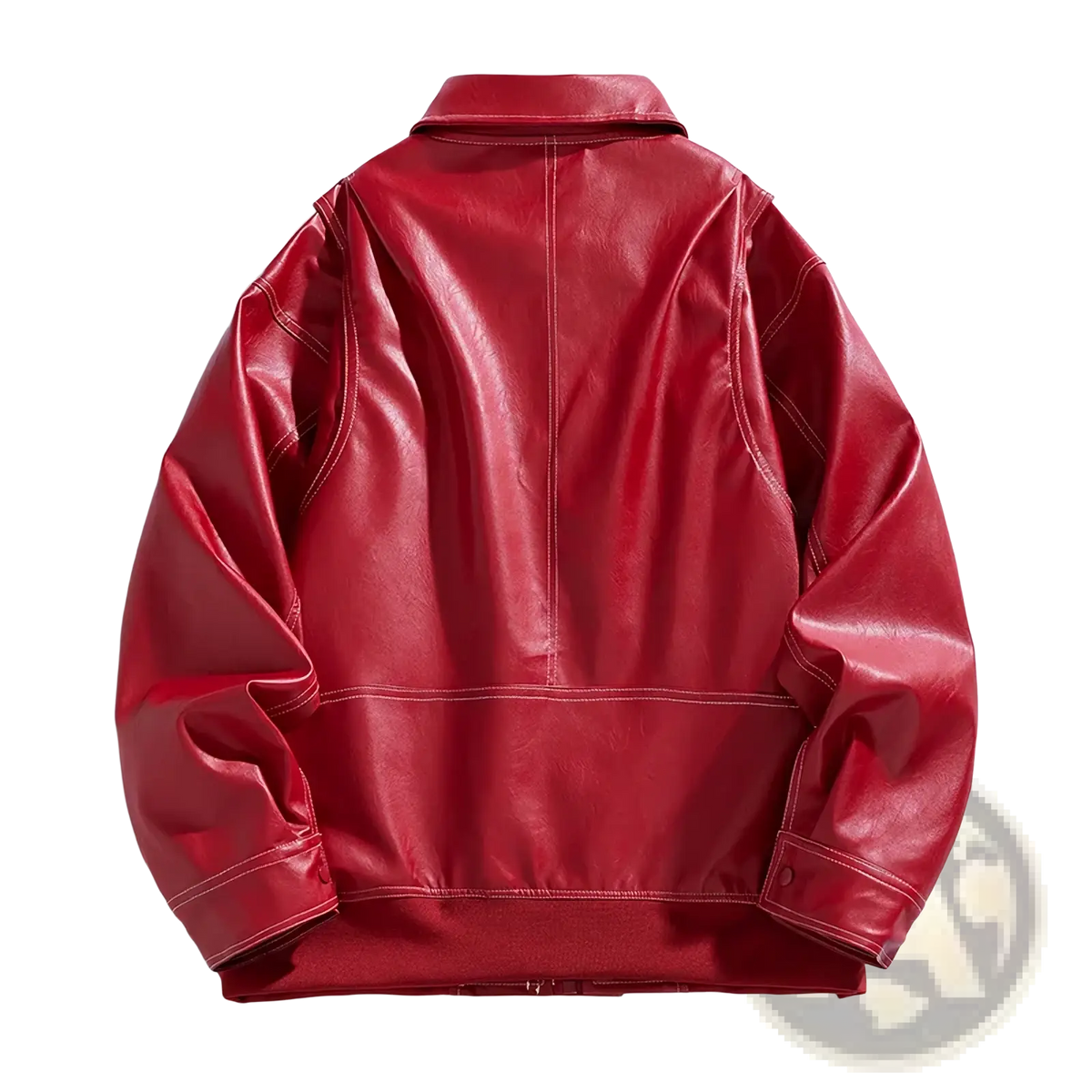 Vibrant red men faux leather bomber jacket with clean white stitching and classic collar for spring autumn wear
