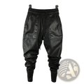 Men faux leather cargo joggers black featuring elastic waistband drawstring slanted pockets and tapered legs