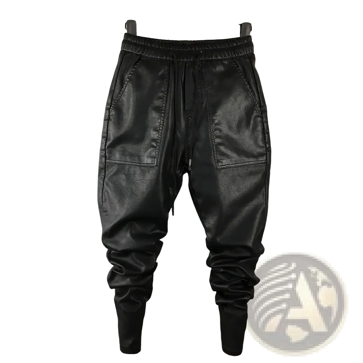 Men faux leather cargo joggers black featuring elastic waistband drawstring slanted pockets and tapered legs