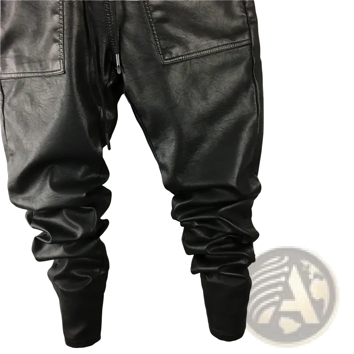 Men faux leather cargo joggers in black with slouchy tapered fit and visible stitching details