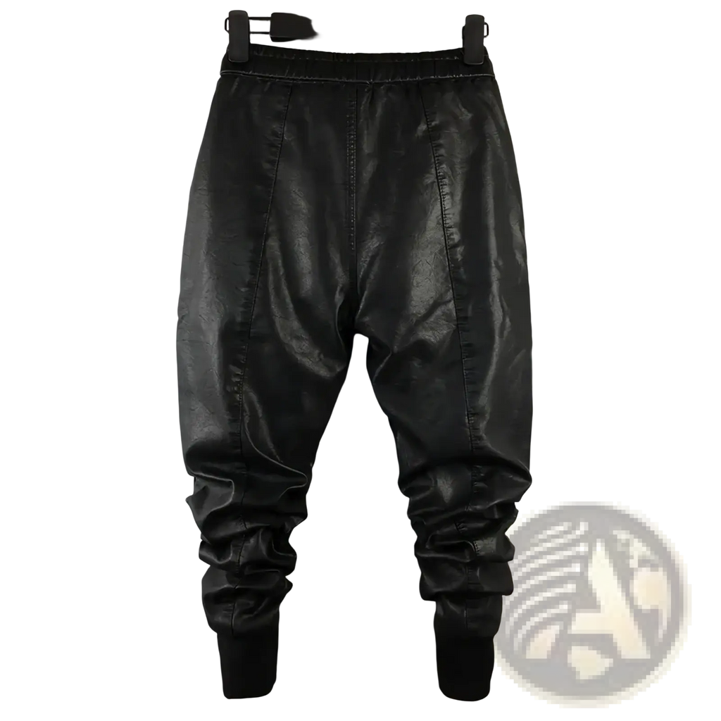 Men faux leather cargo joggers in black with relaxed fit and cuffed ankles made from black faux leather