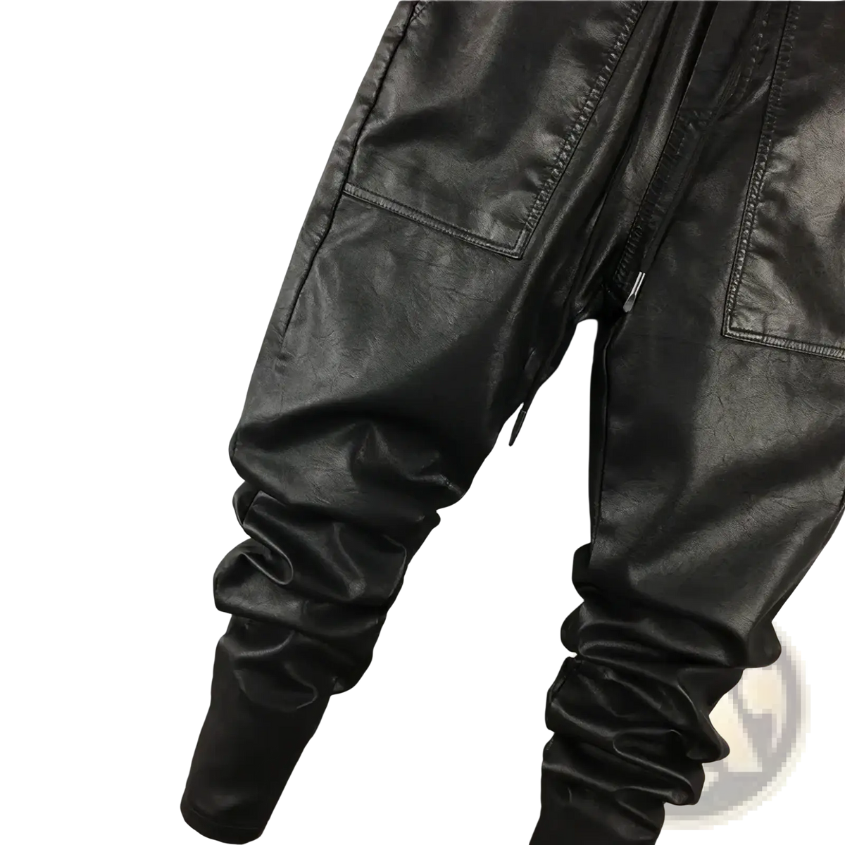 Men faux leather cargo joggers black with slouchy tapered fit and visible stitching details in black faux leather