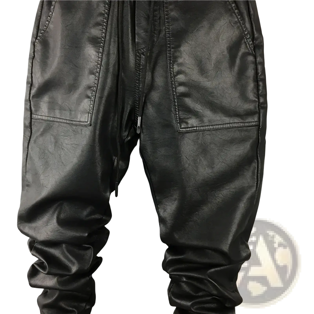 Men faux leather cargo joggers in black featuring a drawstring waist and zippered pockets for secure storage