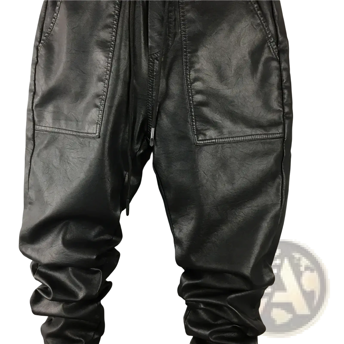 Men faux leather cargo joggers in black featuring a drawstring waist and zippered pockets for secure storage
