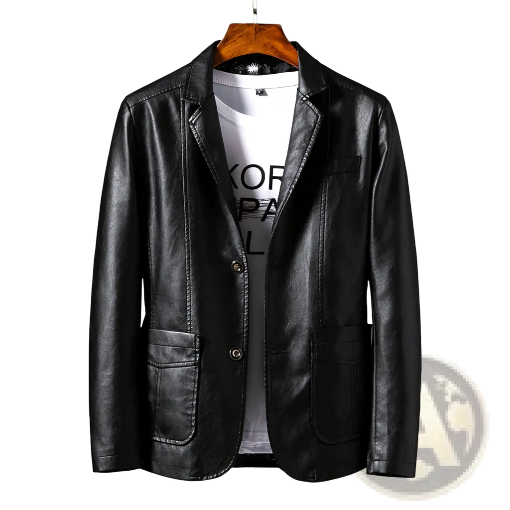 Men faux leather double-breasted blazer in black featuring two front buttons and flap pockets for formal wear